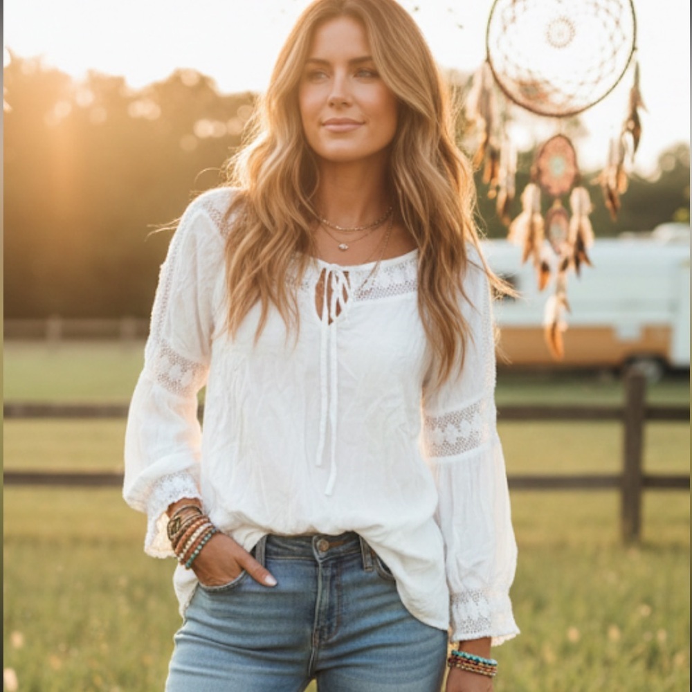 VENUS Boho Peasant White Lace Top XL